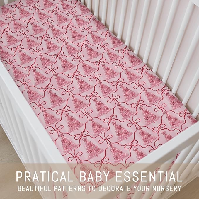 Preppy Pink Trees Bows Christmas Baby Crib Sheets for Girls Pink Christmas Trees Ribbon Soft Snug Fitted Crib Mattress Covers for 52''x28'' Standard Crib & Toddler Mattress Holiday Winter Baby Sheets