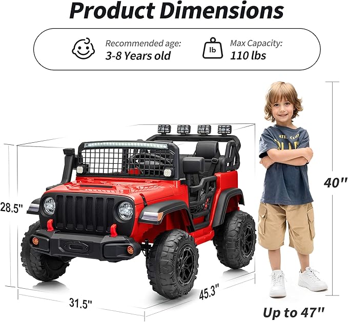 2 Seater Ride on Car Toy, 12V Electric Car for Kids 4-8 with Remote Control, Capacity 110 lb, LED Light - Red