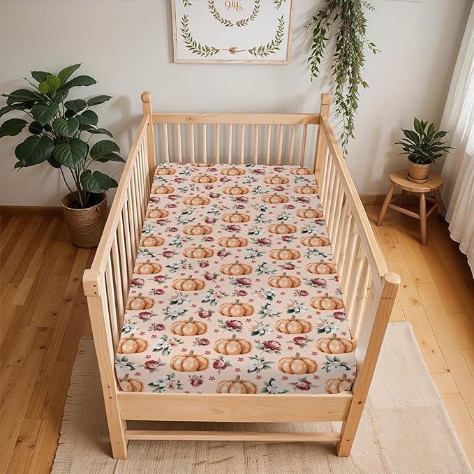 Vintage Floral Pumpkin Fall Baby Crib Sheets for Boy Girl 52x28 Pastel Pumpkins Flower Soft Snug Fitted Crib Mattress Cover Autumn Thanksgiving Harvest Baby Sheet for Standard Crib & Toddler Mattress