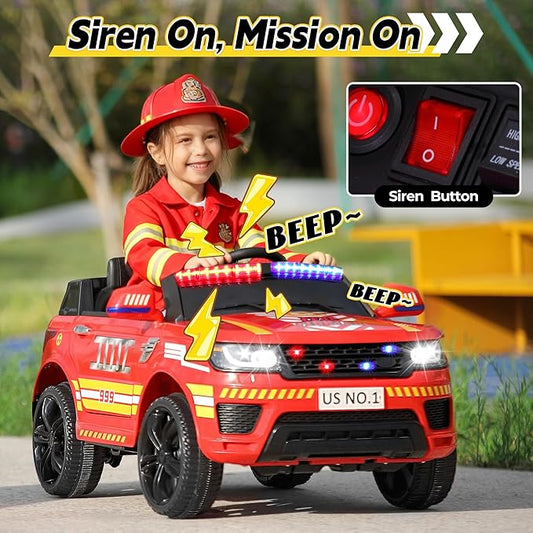 TOBBI Fire Truck Ride on Toys 12V Fire Engine Giant Firetrucks Firefighter Fireman Ride On Car with Remote Control, Siren-Call, Walkie-Talkies, Bluetooth for Toddlers, Red