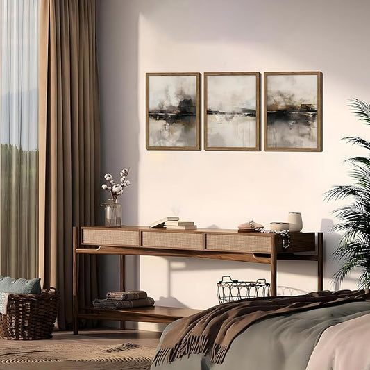 Neutral Abstract Wall Art Set of 3, Modern Black Brown Abstract Wall Decor Paintings, Minimalist Beige Textured Prints Pictures for Living Room Bedroom Office Home Decor 12x16 Inch Wood Framed