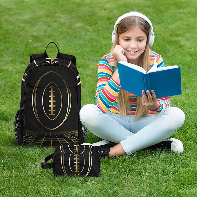 Jucciaco American Football Gold Backpack with Lunch Bag, School Travel Backpack for Teens Boys Girls Backpacks Set