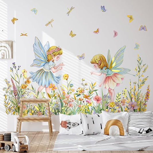 Flower Fairy and Butterfly Wall Decal Large Flower Field and Fairy Wall Stickers Fantasy Theme Peel and Stick Waterproof Decor Suitable for Children's Rooms Bedrooms