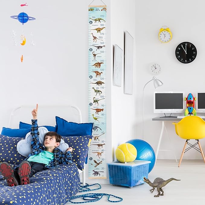LIFELIKO Personalised Growth Chart for Dinosaur Lovers, Removable Wall Ruler for Boys and Girls, Kid’s Room Decoration (Blue)