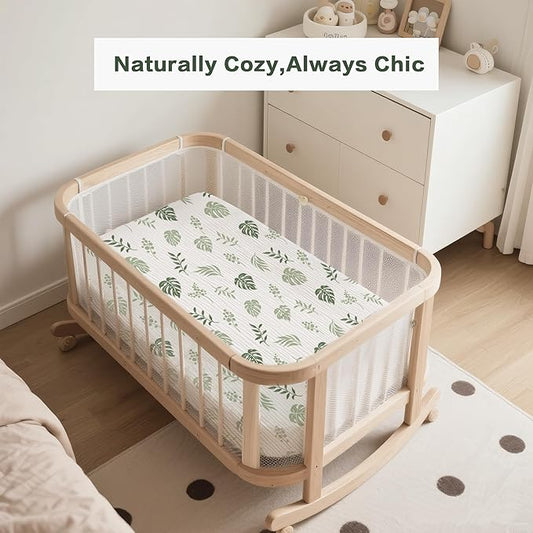 Muslin Bedside Sleeper Bassinet Fitted Sheets, 3 Pack Cotton Baby Sheet for Boys & Girls, Soft, Compatible with Baby Delight, Dream On Me, AMKE and Other Rectangle Mattress (Leaf Green)