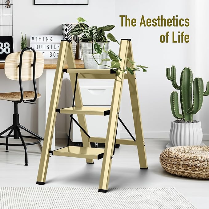 Mayi Plus 3 Step Ladder,Aluminum Folding Step Stool for Adults,Step Ladder with Wide Anti-Slip Pedal,330 lbs Capacity for Home,Office,Kitchen,Library(Gold)