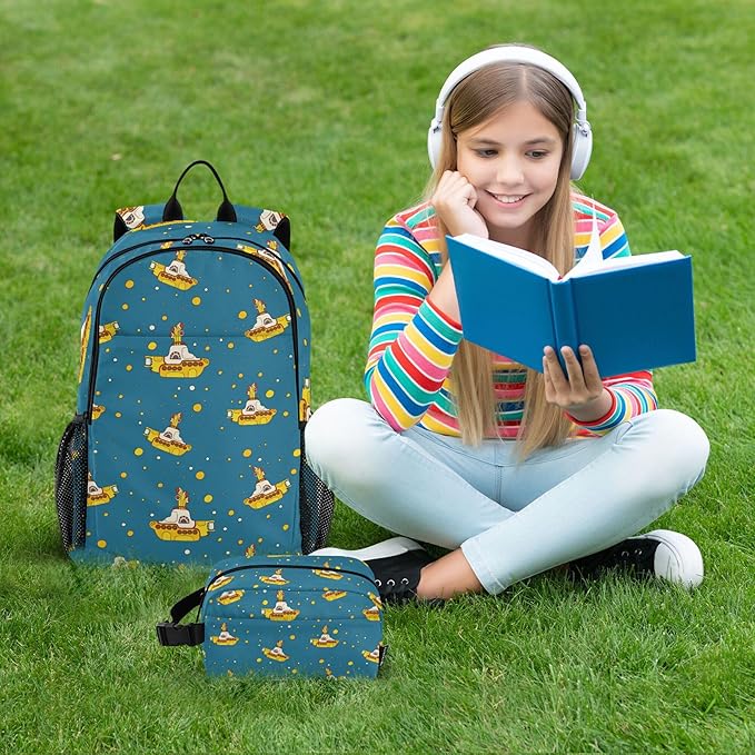 Jucciaco Yellow Submarine Backpack with Lunch Bag, School Travel Backpack for Teens Boys Girls Kids Backpacks Set