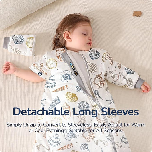 Baby Sleep Sack 3–6 Months, 2.5 TOG Warm Cotton Sleep Sack with Detachable Long Sleeves, Winter Wearable Blanket for Cold Nights, 2-Way Zipper Toddler Sleeping Sack, Ocean