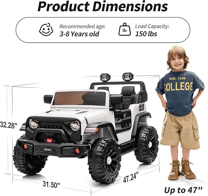 2 Seater Ride on Car Toy, 12V Electric Car for Kids 4-8 with Remote Control, Capacity 150 lb, LED Light - White