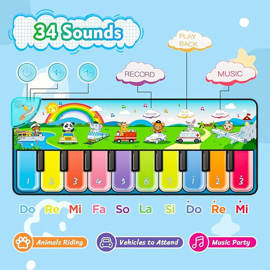 FUCEORUY Piano Mat Musical Toys for Toddlers 1-3, Sensory Learning Toy Floor Piano Playmat Toys for 1 2 Year Old Boy Girl Gifts, with 7 Animal, 7 Vehicle & 10 Songs Sound (Kids Edition)