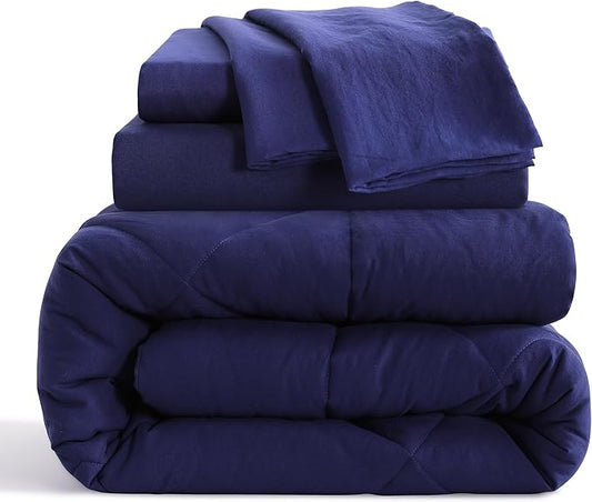 NTBAY Twin Comforter Set with Sheets, 5 Pieces Soft and Breathable Bedding Set, Bed in a Bag, Down Alternative Comforter Set Solid Color All Season, Kids Bedding Set, Navy Blue