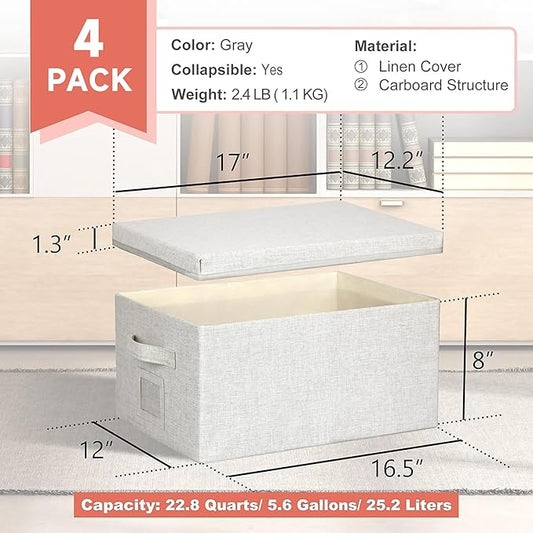 Large 17''x12'' Quart Collapsible Stackable Storage Bins with Lids, 4 Packs Off White Fabric Closet Boxes with Lids, Storage Cube Baskets Container Organizers for Bedroom Office(17''x12.2x''8'')