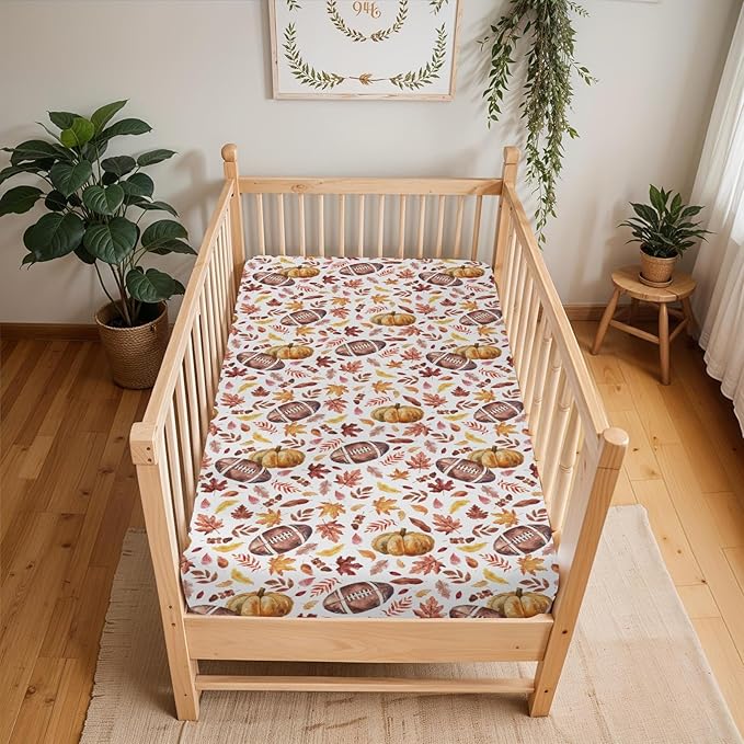 Autumn Football Pumpkin Leaves Baby Crib Sheets for Boy Girl 52"x28" Fall American Football Maple Soft Snug Fitted Crib Mattress Cover Thanksgiving Sports Baby Sheet for Crib & Toddler Bed Mattress