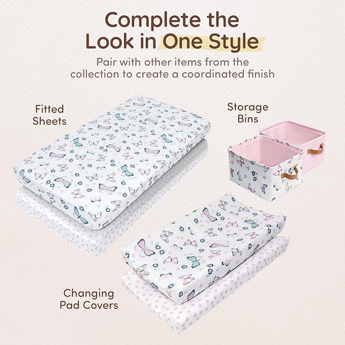 Baby Crib Sheets Girls Toddler Bed Sheets Cotton Fitted Crib Sheet Floral Sets 28"x52", 8" Deep Pocket, Baby Mattress Sheet 2Pack 100% Cotton Beddings, Designed in France, Pink, Butterfly Pattern