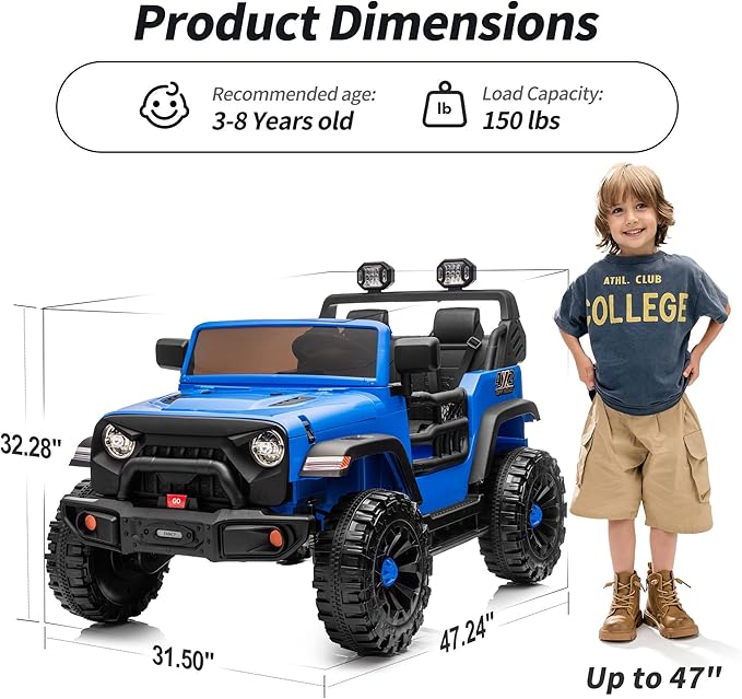 2 Seater Ride on Car Toy, 12V Electric Car for Kids 4-8 with Remote Control, Capacity 150 lb, LED Light - Blue