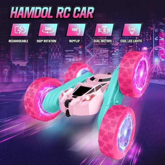 Pink Remote Control Car for Girls, Double Sided with Shining Headlights & Wheel Lights, Girl Princess Toys, Rechargeable Toy Car for 6-7 6-8 9 10-12 Year Old Girls Birthday