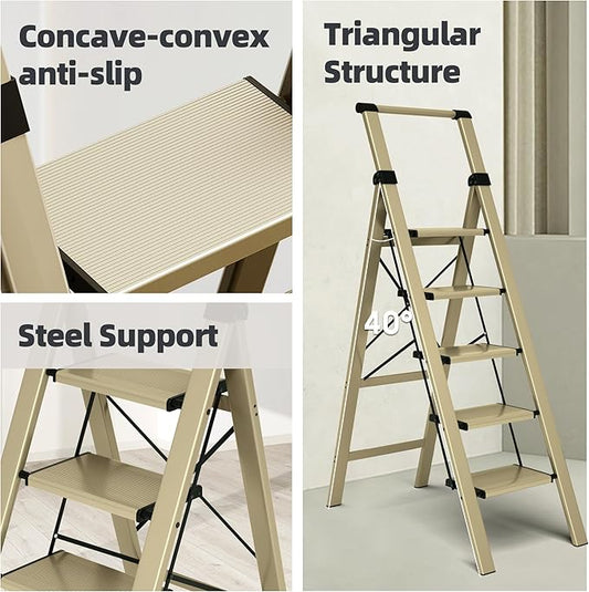 HillhutApex 5 Step Foldable Aluminum Step Ladder with Handgrip, Anti-Slip Pedal, 330 lbs Capacity, Lightweight & Portable for Home, Kitchen, Office, Garage (Gold)