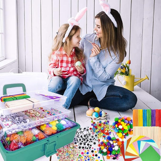 kortes Art and Craft Supplies for Boys and Girls, Toddler DIY Craft Art Supply Set Included Pipe Cleaners, Pom Poms, Feather, Folding Storage Box - All in One for Craft DIY Art Supplies(Green Box)