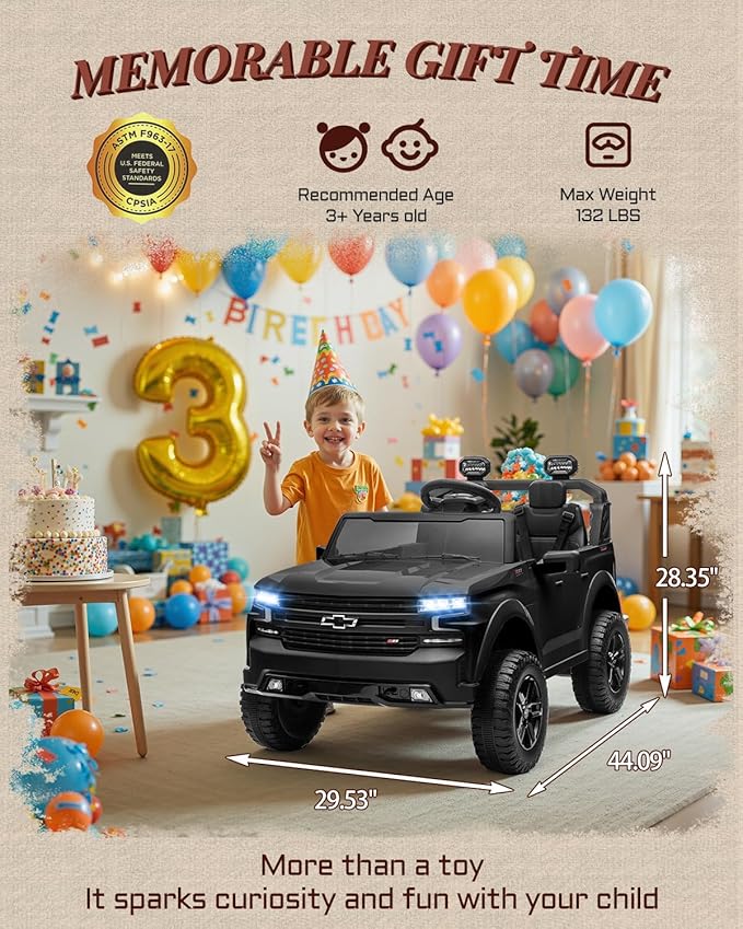 First Ride On 24V 2 Seater Ride on Toys Licensed Chevrolet Silverado, Electric Vehicle with Remote Control and Seat Belts, Electric Ride On Truck wtih Trunk, Bluetooth and LED Lights (Black)
