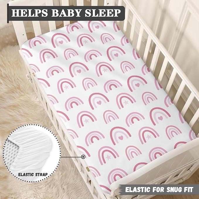 Pink Hand Drawn Boho Rainbow Fitted Crib Sheet Rainbow Baby Crib Sheet Fit Standard Crib and Toddler Mattress,Crib Mattress Sheets for Boys Girls 28"x52"