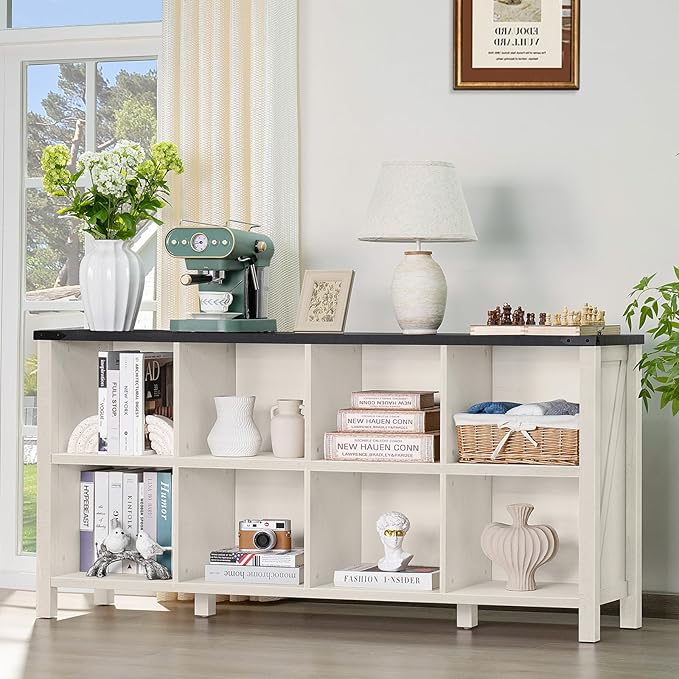 Joaxswe 8 Cube Book Shelf, Farmhouse Wood Long Storage Organizer Bookcase, 62" Horizontal Antique White & Black Console Bookshelf, Kids Toy Storage Cabinet, Modern Open Book Case for Playroom, Office