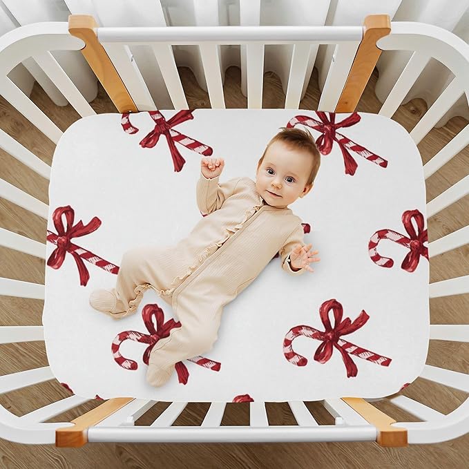 Christmas Bows Candy Cane Crib Sheets Soft Breathable Fitted Baby Crib Sheets Mattress Cover for Girls Boys, 52" x 28" x 9"