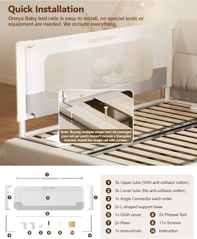 Bed Rail for Toddlers, Thickened & Reinforced Baby Bed Rail Guard for Twin Bed with Double Child Lock, Upgraded Toddler Bedrails with Height Adjustable, White/Grey, 1Side 39" Lx28 H