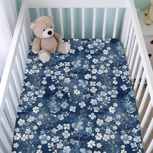 Wonderful Flowers Baby Crib Sheets for Boy Girl 52"x28" Navy White Wild Flowers Leaves Crib Mattress Covers Soft Breathable Boho Spring Garden Baby Sheets for Standard Crib and Toddler Bed Mattress