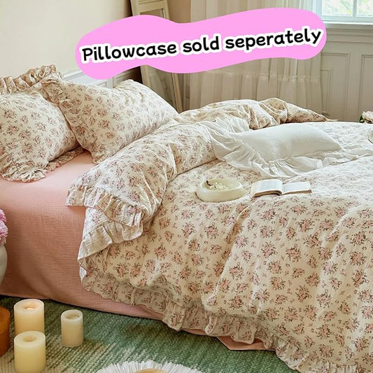 BuLuTu Vintage Floral Queen Duvet Cover Cotton Muslin Comforter Cover with Ruffles, Soft Lightweight Gauze Bedding Quilt Cover 90"x90", No Pillow Case, Zipper & Corner Ties, Machine Wash