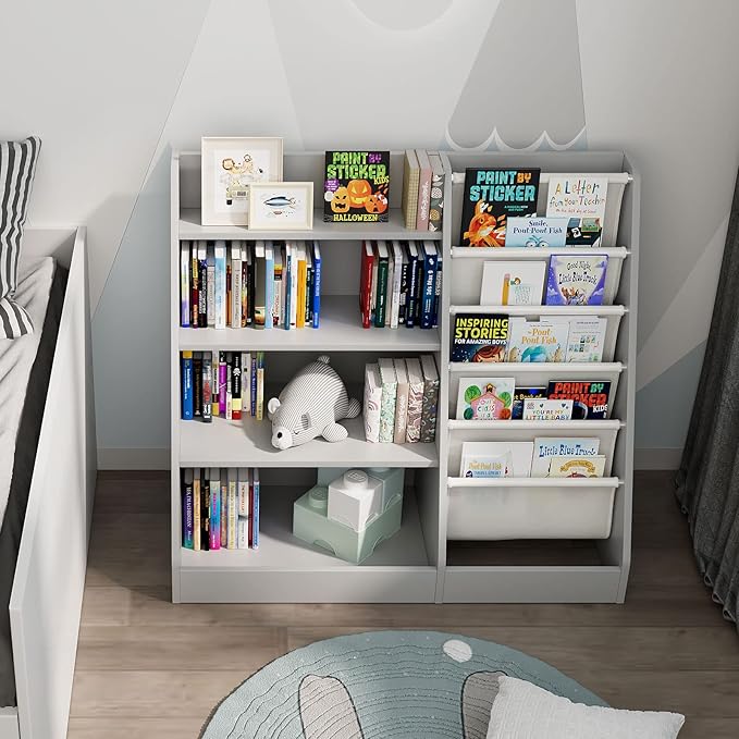HedoAjim Gray 4 Tier Kids Wooden Bookshelf,Five Layer Sling Toddler Front Facing Bookcase,Baby Kids Storage Book Rack,Book and Toy Organizer Cabinet,Child Book Display Playroom Nursery Bedroom
