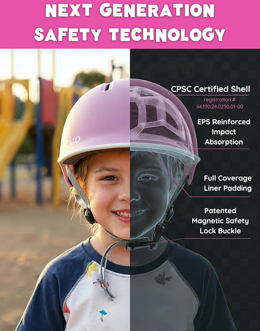 Rideo Kids Bike Helmet for Kids 3-5, Advanced Safety Girls Helmet, Adjustable & Multi-Sport, Patented Safety Buckle, Toddler to Youth