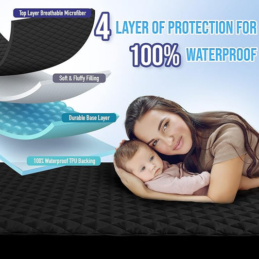 HYLEORY Queen Size Waterproof Mattress Pad Protector, Breathable Quilted Mattress Cover Noiseless Waterproof Fitted Sheet Mattress Topper Upto 21" Deep Pocket, Black