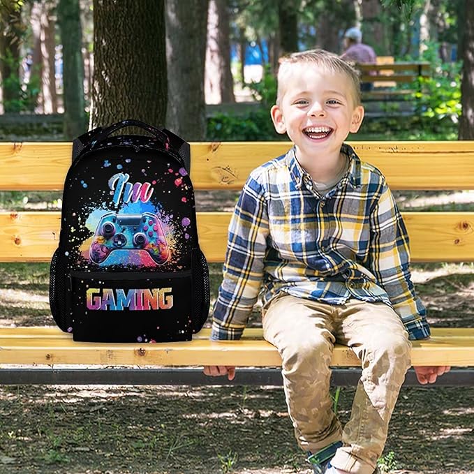 COZYAURA Kids School Backpack - 17 Inch Video Game Bookbag for Boys - Durable Black Gaming School Bag for Elementary & Travel