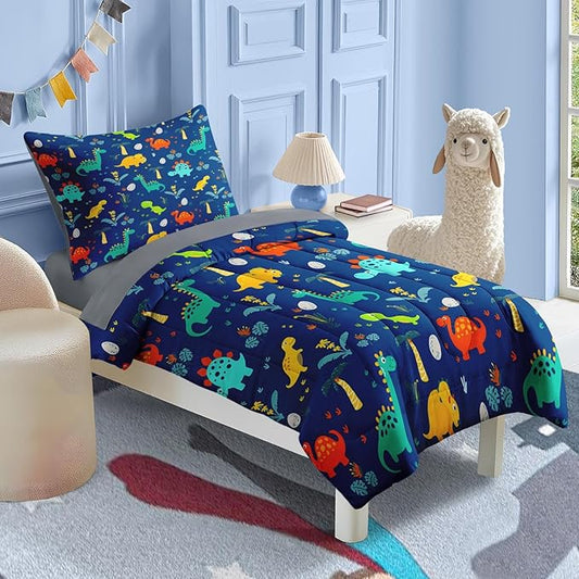 Nesker Comforter Set Toddler Size, Blue Dino 4 Pcs Bedding for Kids Teens, Dinosaur Bed Sheet with Pillowcase & Sham