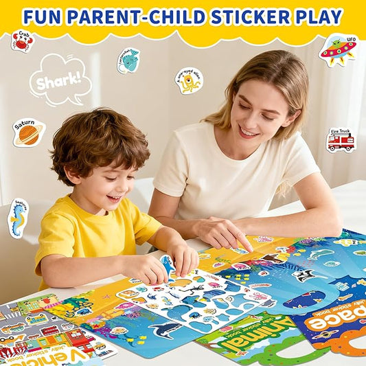 3 Sets Reusable Sticker Book for Toddlers 3-6, Jelly Sticker Books for Toddler, Travel Sticker Activity Toys for Kids 3 4 5 6 Years Old Girls & Boys(Farm + Vehicles + Animal)