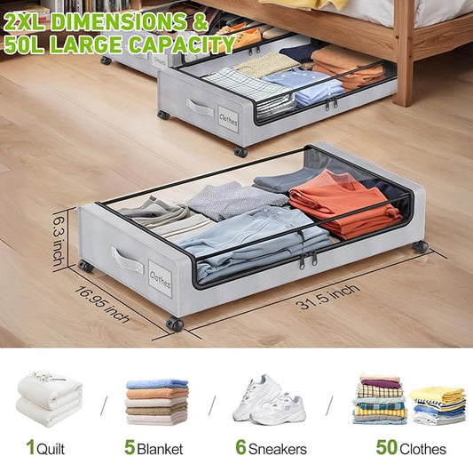 Molutsody Under Bed Storage with Wheels, 4-Pack Underbed Storage Containers with Clear Lids, Under Bed Shoe Storage Organizer, Rolling Under Bed Storage for Clothes Shoes Blankets (Grey)