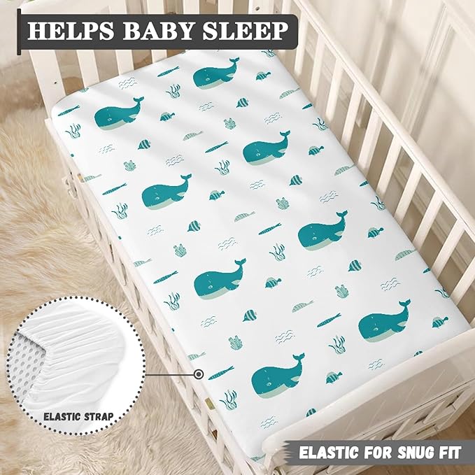Blue Whale Anemons Fishes Seaweeds Waves Fitted Crib Sheet Blue Whale Baby Crib Sheet Fit Standard Crib and Toddler Mattress,Crib Mattress Sheets for Boys Girls 28"x52"