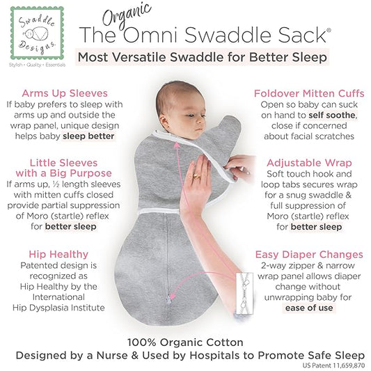 SwaddleDesigns Organic 6-Way Omni Swaddle Sack Arms Up Swaddle for Newborn, More Options to Calm Startle Reflex, Improves Sleep, Small, 0-3 Month, 6-14 lbs, Heathered Gray