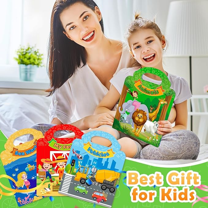 4 Sets Reusable Sticker Books for Toddler, Travel Toys for Toddlers 3-5, Arts Crafts Jelly Stickers, Activity Books for Kids, Holiday and Birthday Gifts Christmas Stocking Stuffers for Boys Girls