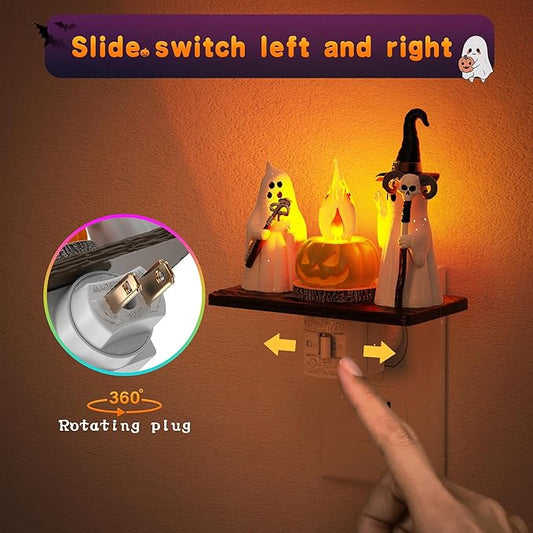 Halloween Night Light,Amber Night Lights Plug into Wall,Cute & Funny Flaming Jumping Night Light,Ghost & Pumpkin Plug in Nightlight with 360° Rotatable for Kids Halloween Party Decor,2 Pack