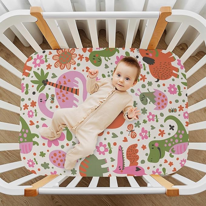 Cute Dinosaurs Flower Crib Sheets Soft Breathable Fitted Baby Crib Sheets Mattress Cover for Girls Boys, 52" x 28" x 9"