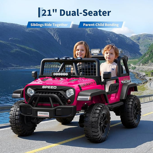 24V 2-Seater Kids Electric Truck with Parent Remote Control, 100Min Ride-on Car, 4WD Dual Motor, 2 Speeds, Spring Shock Absorber, LED Headlights, Siblings Gift Kids Electric Vehicle, Rose