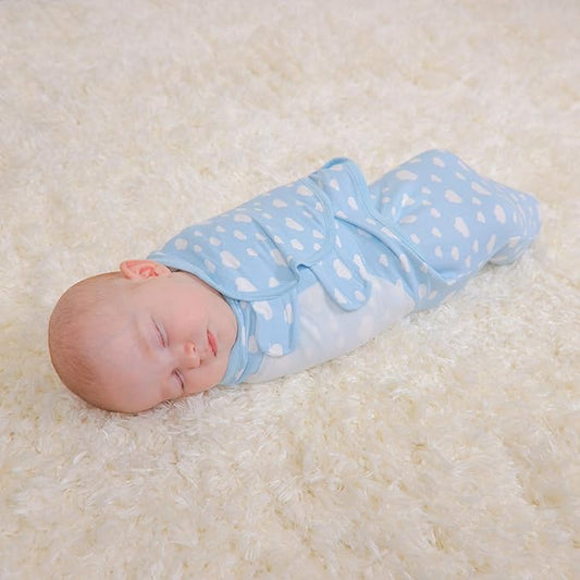 Comfy Cubs Easy Swaddle Blanket, 3 Pack - 100% Cotton Newborn Wrap, Small for 0-3 Months Infants, with Adjustable Velcro, Breathable and Durable Sleep Sack for Babies - Blue