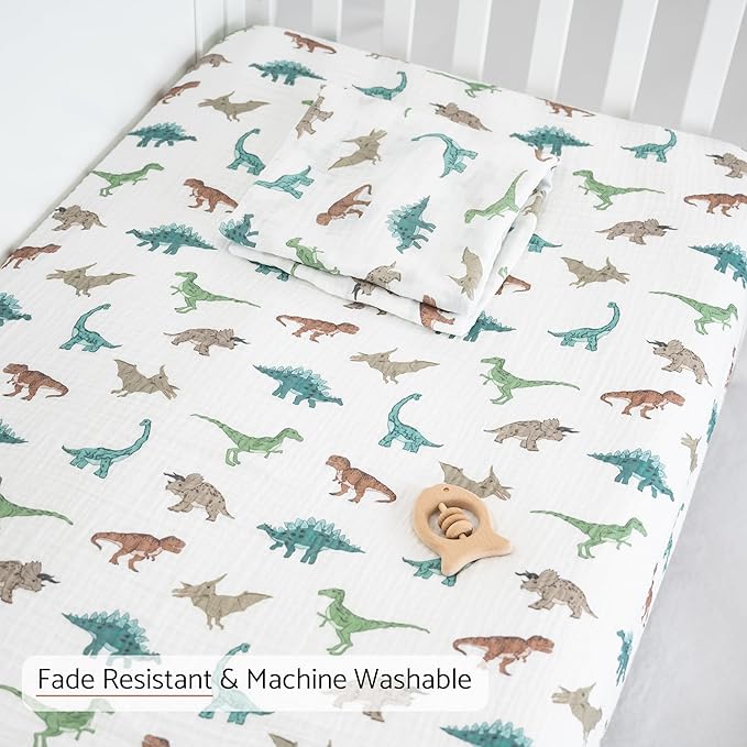 LollyBanks Fitted Crib Sheets for Boys, Soft 100% Cotton Baby Boy Sheet, Fits Standard Size Mattress 28 in x 52 in, Breathable Muslin Crib Sheet 1 Pack (Dinosaur Print)