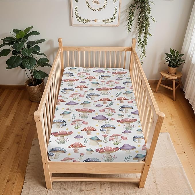 Fairytale Mushroom Baby Crib Sheets for Boy Girl 52x28Inch Colorful Mushrooms Floral Leaves Soft Snug Fitted Crib Mattress Cover Magical Plant Baby Sheet for Standard Crib & Toddler Bed Mattress