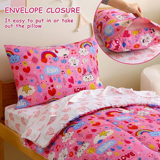 Mooreeke 4 Pieces Toddler Bedding Set - Pink Rainbow Cloud Toddler Comforter Sets for Girls, Includes Comforter, Flat Sheet, Fitted Sheet and Pillowcase, Bed in A Bag for Baby Bedroom