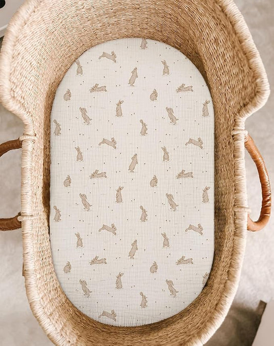 Bassinet Sheet for Baby Boy and Girl 2 Pack, Fitted Sheets for Rectangle, Oval, Hourglass Bassinet Mattress, Muslin Moses Basket Sheets with Neutral Style (Hopping Bunnies & Beige)