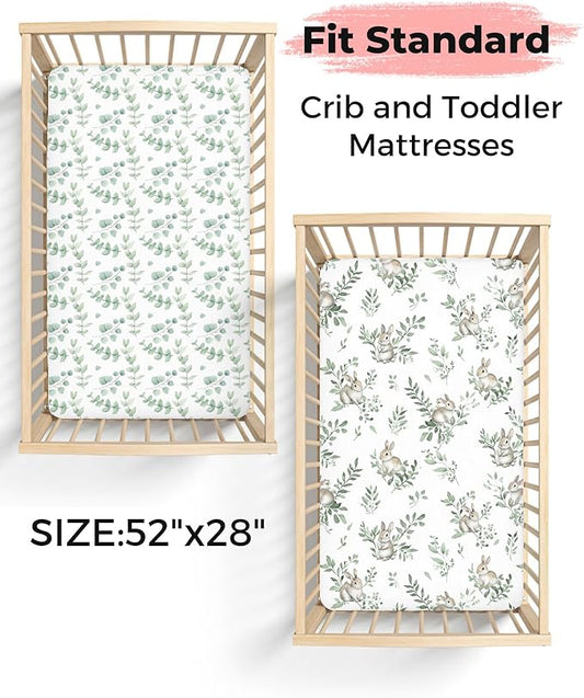 Crib Sheets for Boys and Girls, 2 Pack Fitted Baby Sheets for Standard Toddler Mattress 28" x 52", Soft Breathable Jersey Knit Baby Bedding (Bunny Meadow)