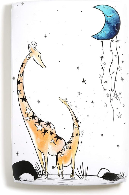 JumpOff Jo – Fitted Mini Crib Sheet (24 x 38 x 5 Inches) - Fits Portable Crib, Playard, and Playpen Mattresses and Mats - Soft 100% Cotton – Giraffe & A Calf