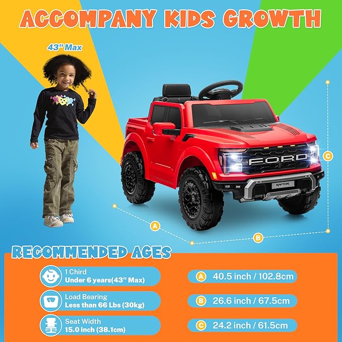ENYOPRO 12V Licensed Ford F-150 Raptor Kids Ride On Truck, Electric Toy Car for Children w/Parent Remote Control, LED Lights, Bluetooth, Battery-Powered Ride On Car for Boys & Girls Ages 3 and Up, Red